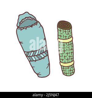Hand drawn sleeping bag and karemat, sketch colored vector illustration Stock Vector