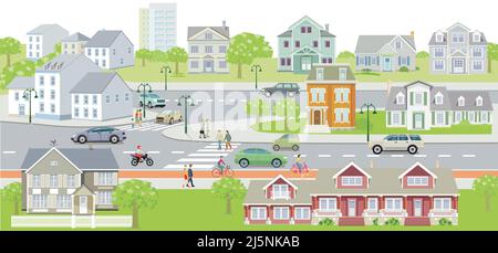 Suburb with houses and traffic, pedestrians on the crosswalk, illustration Stock Vector