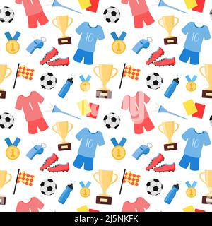 Football seamless pattern. Vector background with soccer game elements. Flat illustration of ball for football sport game, equipment and clothes. Stock Vector