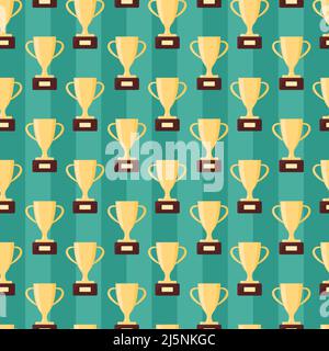 Sports cups seamless pattern. Winner awards on football field background. Vector repeat illustration with gold trophy cup. Stock Vector