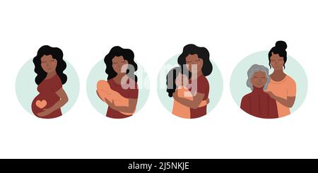 Mothers Day. Motherhood concept set. Cute smiling mother and daughter. Happy african american woman and girl. Stages of growing up of child. Vector fl Stock Vector