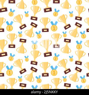 Sports cups and gold medals pattern. Winner award seamless white background. Vector repeat illustration with trophy cup. Stock Vector