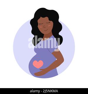 Cute pregnant woman. Happy african american person with heart on belly. Pregnancy concept. Flat vector illustration of expectant mother. Stock Vector