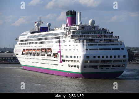 24/04/2022 London International Cruise Terminal Tilbury UK Ambassador Cruise Line flag ship Ambience is pictured sailing from London International Cru Stock Photo