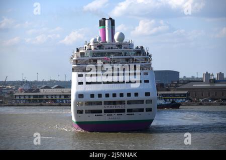 24/04/2022 London International Cruise Terminal Tilbury UK Ambassador Cruise Line flag ship Ambience is pictured sailing from London International Cru Stock Photo