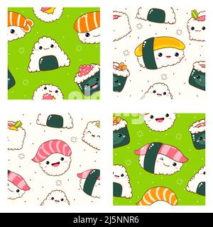 Set of seamless pattern with cute sushi and roll in kawaii style with smiling face. Japanese traditional cuisine dishes. Endless texture can be used f Stock Vector