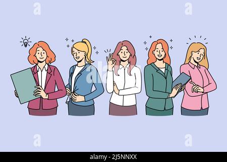 Diverse businesswomen in formalwear feel confident and successful at workplace. Female business group or team show leadership and unity. Feminism and employment. Vector illustration.  Stock Vector