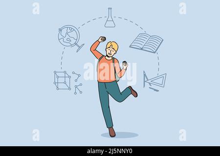 Happy boy child feel excited about being back to school. Smiling kid pupil euphoric about lessons start. Education and learning concept. Flat vector illustration, cartoon character.  Stock Vector