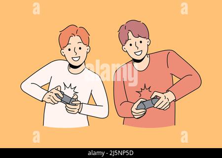 Happy guys playing video games holding joysticks. Smiling men gamers have fun together enjoy console videogame on TV or computer. Leisure time and relaxation. Vector illustration.  Stock Vector