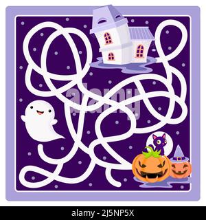 Help the little ghost find the way to haunted house. Labyrinth for preschool children. Maze game for kids with cartoon ghost, cat, pumpkins and old ho Stock Vector
