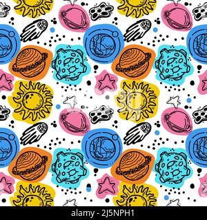 A seamless pattern of planets, comets, asteroids and stars. Hand-drawn elements hand-drawn doodle in sketch style. Sun. Stars. Solar system with brigh Stock Vector