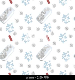 A seamless pattern of medicine cans and pills, drawn in a flat style. Open can of pills. Crosses, hand-drawn doodle. Simple vector illustration Stock Vector