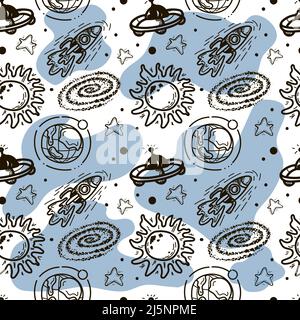 Seamless pattern of rockets, planets, comets, asteroids and stars. Vector in cartoon style. Black hole. Sun. Stars. Solar system on white with spots b Stock Vector