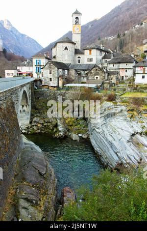 River, bridge, buildings in the town of Lavertezzo. Switzerland. Alps Stock Photo