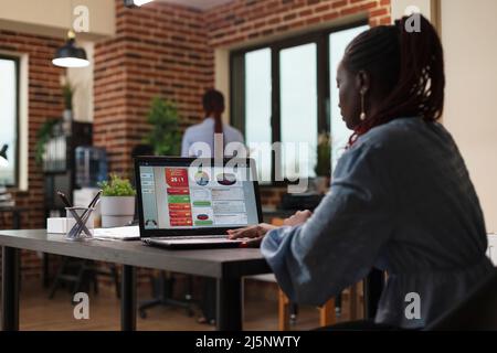 African american businesswoman working on business management chart while using work laptop. Marketing company office worker reviewing startup project statistics and accounting reports. Stock Photo