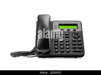 Telephone with VOIP isolated on white background. Office landlane telephone device. customer service support, call center concept. Modern Phone VoIP. Stock Photo