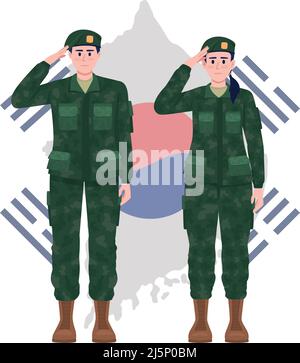 Korean soldiers and map 2D vector isolated illustration Stock Vector