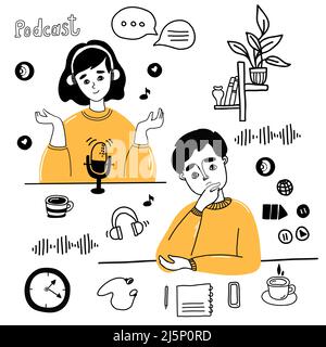 Podcast sketch concept. podcaster girl records and speaks into microphone, Replies to messages. man thinks and listens. Set of vector illustrations in Stock Vector