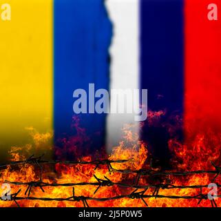 Russian and Ukrainian flags War between Ukraine and Russia Stock Photo