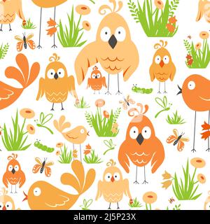 Vector illustration with insects and birds. Nature, birds, flowers and insects. Vector illustration is suitable for childrens postcards and books. Stock Vector