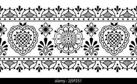 Nordic and Scandinavian folk art outline vector seamless long pattern with flowers and border in black and white, floral decorative textile or fabric Stock Vector