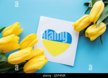 Сard with a heart in the colors of the Ukrainian flag and yellow tulips on a blue background. Support for Ukraine Stock Photo