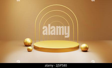 Gold Luxury podium color 3D background with geometric shapes circle, display empty pedestal on one floors Curved wall the platform for product Stock Photo