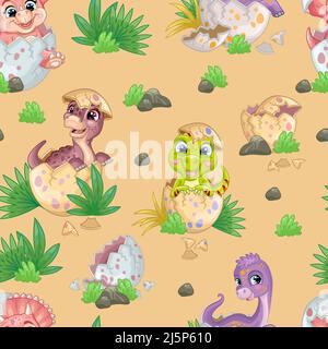 Happy baby dinosaurs sitting in eggs on nature isolated on beige background. Seamless pattern. Cartoon vector illustration. For print, design, wallpap Stock Vector