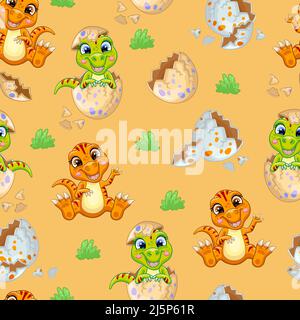 Happy tyrannosaurus cub sitting in egg on nature isolated on orange background. Seamless pattern. Cartoon vector illustration. For print, cards, desig Stock Vector