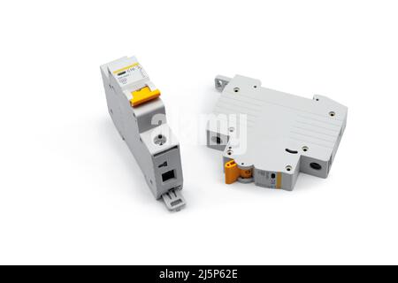 Electric circuit breakers. Close-up. Isolated on white background. Stock Photo