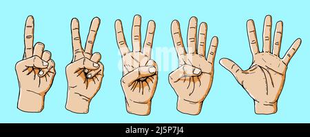 vector set posture of counting fingers 1-2-3-4-5 isolated on blue background, cartoon sketch drawing style. body language gesture , finger language, s Stock Vector
