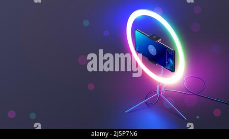 Phone on RGB led ring light on tripod on table. Smartphone streams video in internet. Vlogging concept. Color smart lamp for shoot a video or selfie Stock Vector