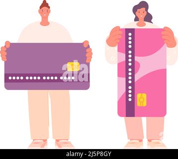 Use banking card. People holding credit or debit cards. Cartoon flat man woman pay, contactless payments. Financial vector characters Stock Vector