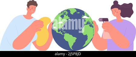 Woman and man care about earth. Save the planet, environment protect. Eco concept, adults cleaning globe, vector scene Stock Vector