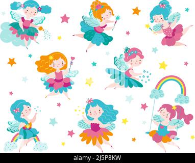 Cartoon fairy. Kids fairies in dress, sweet mythical and tales characters. Magic cute flying girls. Little princess with wings nowaday vector kit Stock Vector