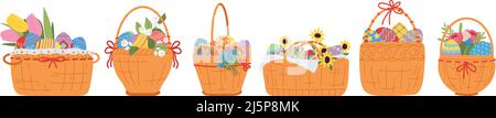 Easter eggs baskets. Color egg in basket with flower. Spring fun holidays present. Isolated rustic gift with bows, happy festive decent vector Stock Vector