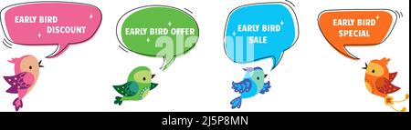 Early bird discount price. Modern advertising labels with flat birds. Special offer, sale marketing elements. Promotion ad nowaday vector set Stock Vector