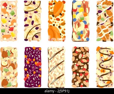 Muesli bars. Cartoon carbohydrates snack for breakfast. Isolated granola bar, dried fruits and nuts with chocolate and yoghurt. Healthy food decent Stock Vector
