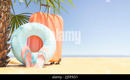 Flip flops and inflatable ring placed near luggage on sandy shore with palm trees near sea on sunny summer day in tropical resort. 3d rendering Stock Photo