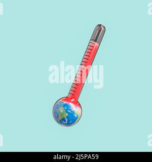 Glass thermometer with red hot maximum temperature on round planet Earth representing global warming problem against light background in studio. 3d re Stock Photo