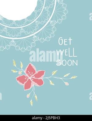 Get well soon postcard congratulation flowers doodle and inscription, blue background. Vector illustration Stock Vector