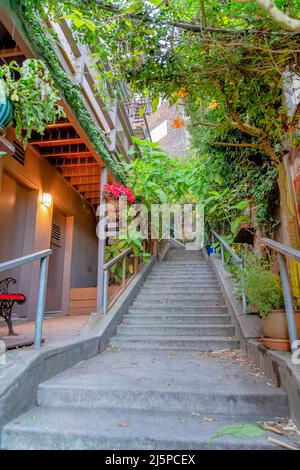 Outdoor concrete staircase outside the residential buildings on a sloped land in San Francisco, CA Stock Photo