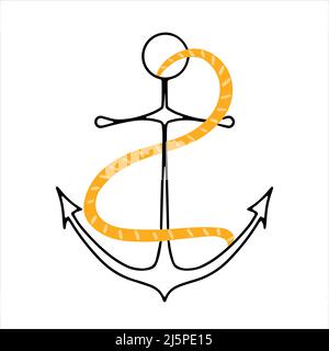 Anchor and rope symbol in doodle hand drawn style. Vector illustration Stock Vector