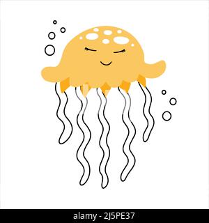 Cute smiling jellyfish with baby face icon hand drawn in doodle style Stock Vector