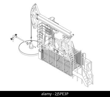 Outline of an oil pumping chair from black lines isolated on a white background. Isometric view. Vector illustration. Stock Vector
