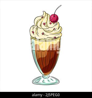 Ice cream milkshake with chocolate, whipped cream and cherries in glass Stock Vector