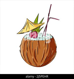 Summer alcoholic soft cocktail in coconut with straw and cherry.  Stock Vector