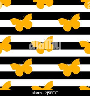 Beautiful yellow butterfly isolated on black and white stripes is in Seamless pattern - vector illustration Stock Vector