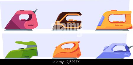 Steam iron. Electric tools for housewife fabric colored flatiron garish vector flat illustrations set Stock Vector