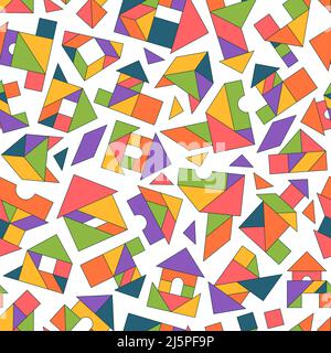 Tangram pattern. Seamless background with geometrical forms colored triangles garish vector templates for textile design projects Stock Vector